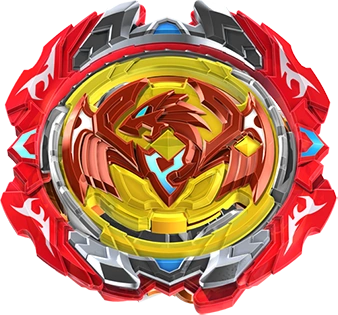 Toy beyblade with red, yellow, and silver colors on a white background